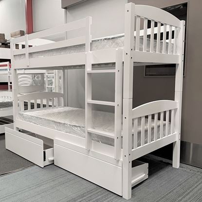 Picture of Miki Single Bunk Bed with Mattresses & Drawers - Solid Hardwood, White, Made in Malaysia