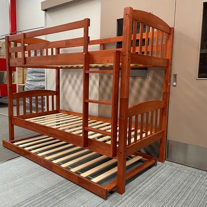 Picture of Miki Single Bunk Bed with Trundle- Solid Hardwood, Antique Oak, Made in Malaysia