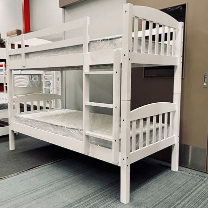 Picture of Miki Single Bunk Bed with Mattresses- Solid Hardwood, White, Made in Malaysia