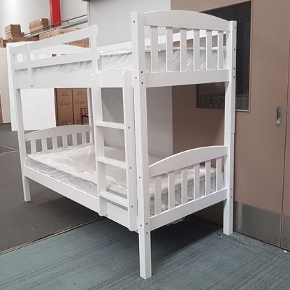 Miki Higher Solid Hardwood Bunk Bed with Mattresses in White finish, featuring premium craftsmanship and space-saving design